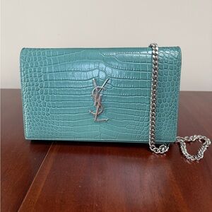 Saint Laurent Croc Embossed Green Monogram YSL Classic Chain Wallet Clutch Bag